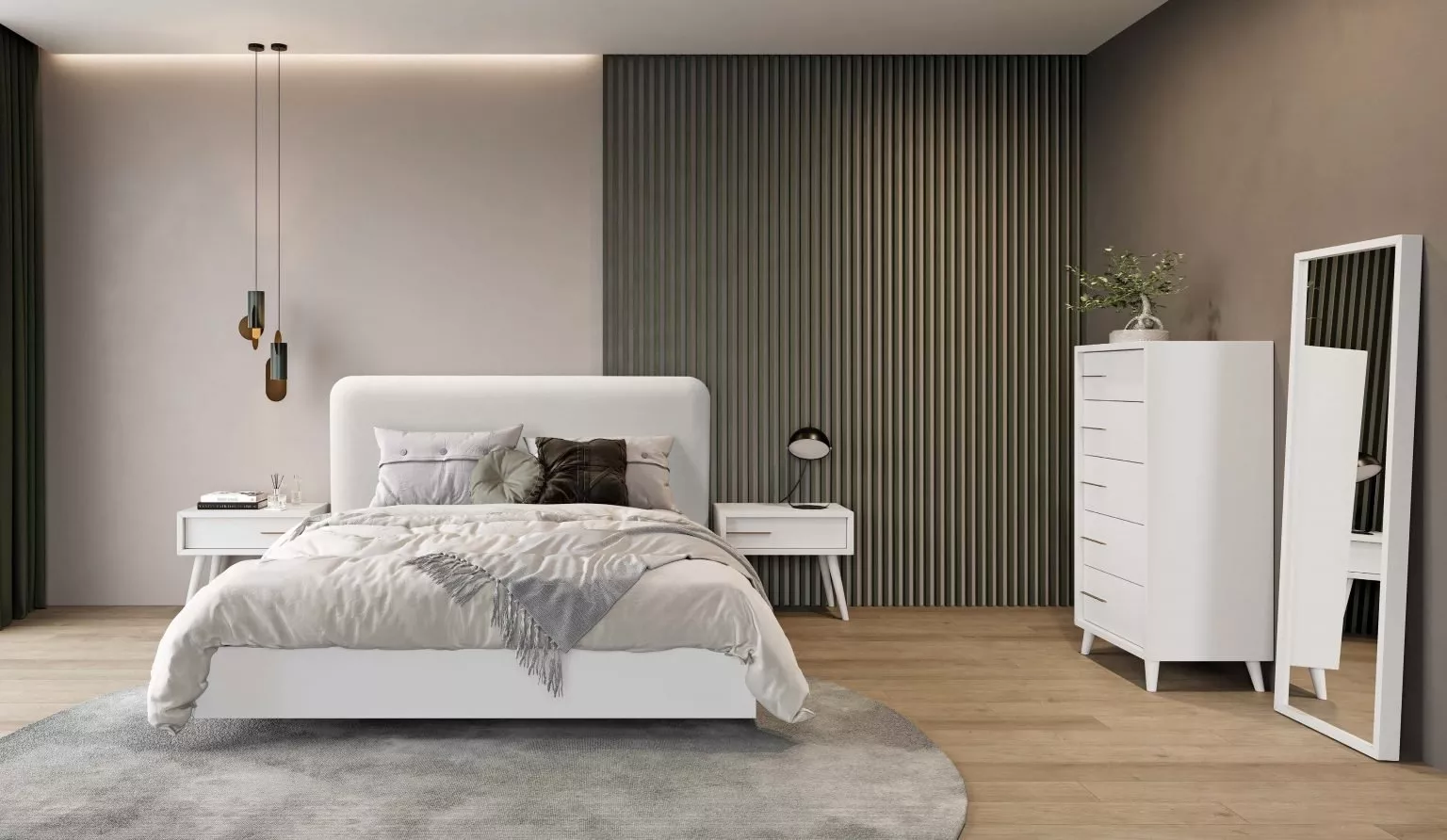 Couple's bedroom with a fabric headboard and white lacquered furniture